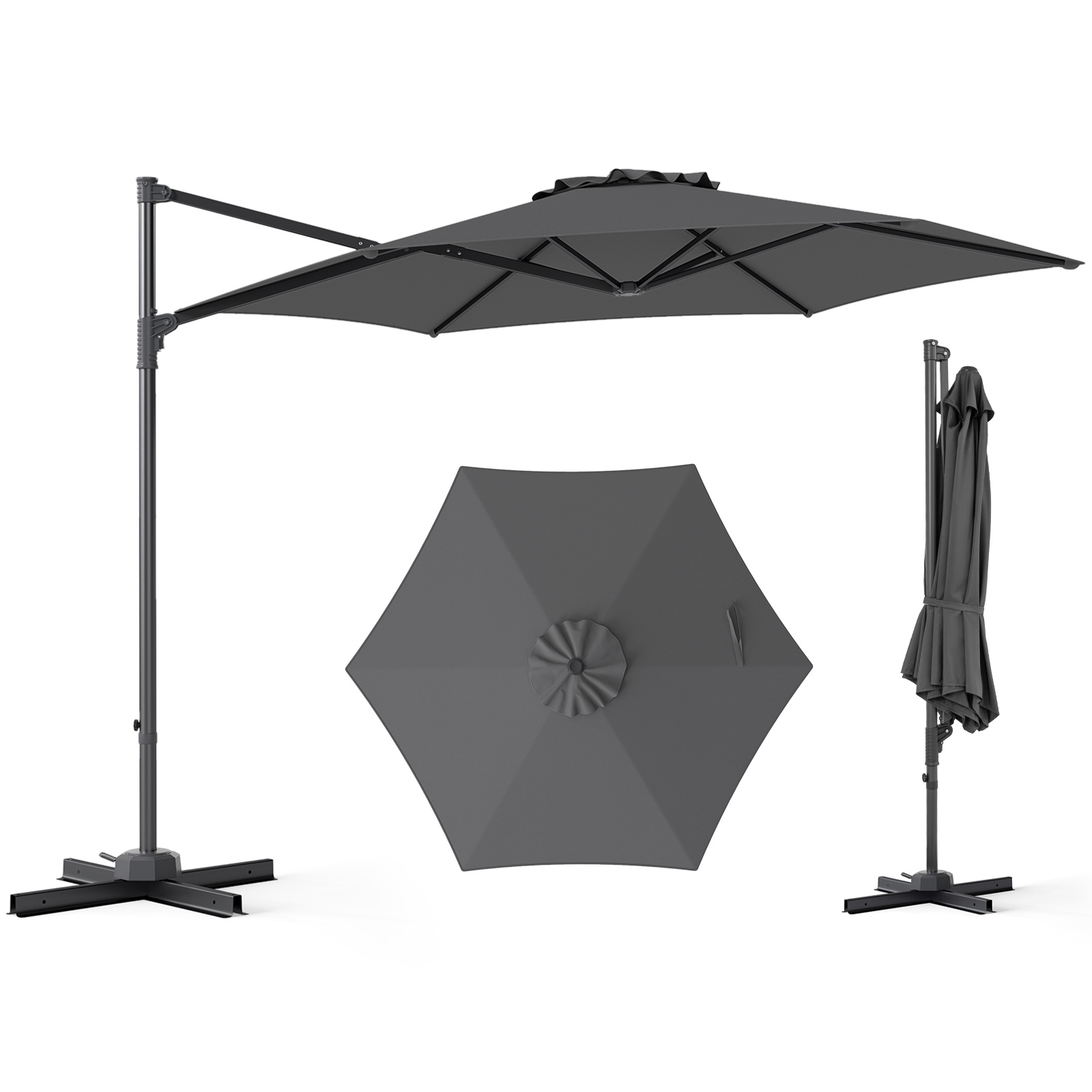 Costway Sombrilla Voladiza 292x292x240cm con Rotación 360° Varillas Metálicas Base Cruzada para Patio Terraza Piscina Gris