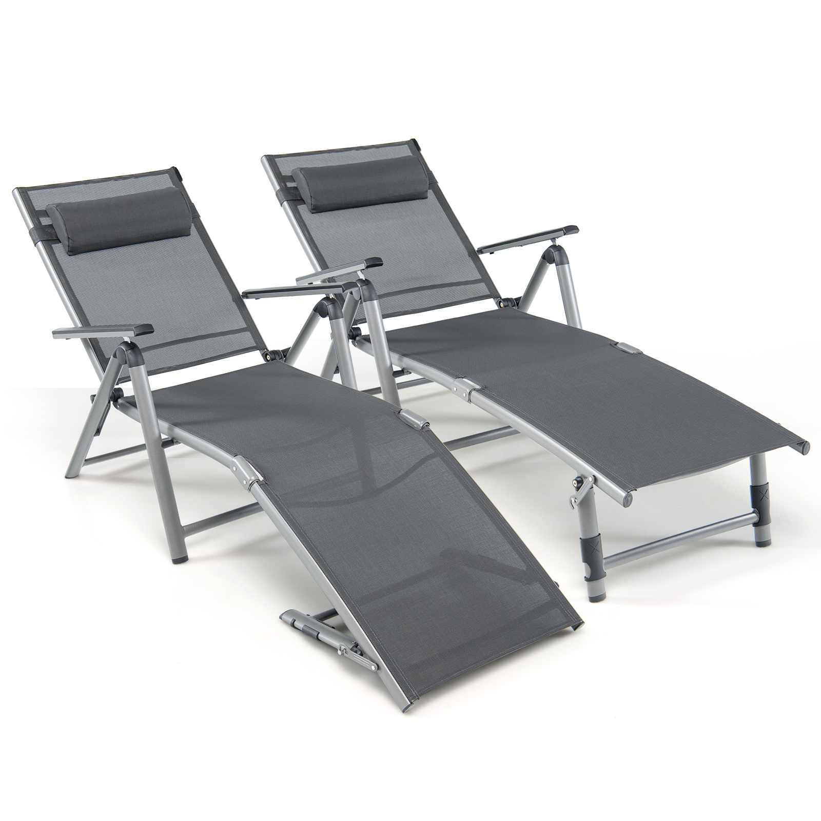 Costway Tumbona de Aluminio 2 Unidades Plegable Reclinable con Almohada Tela Teslin para Patio Playa 140,5 x 65 x 94 cm Gris