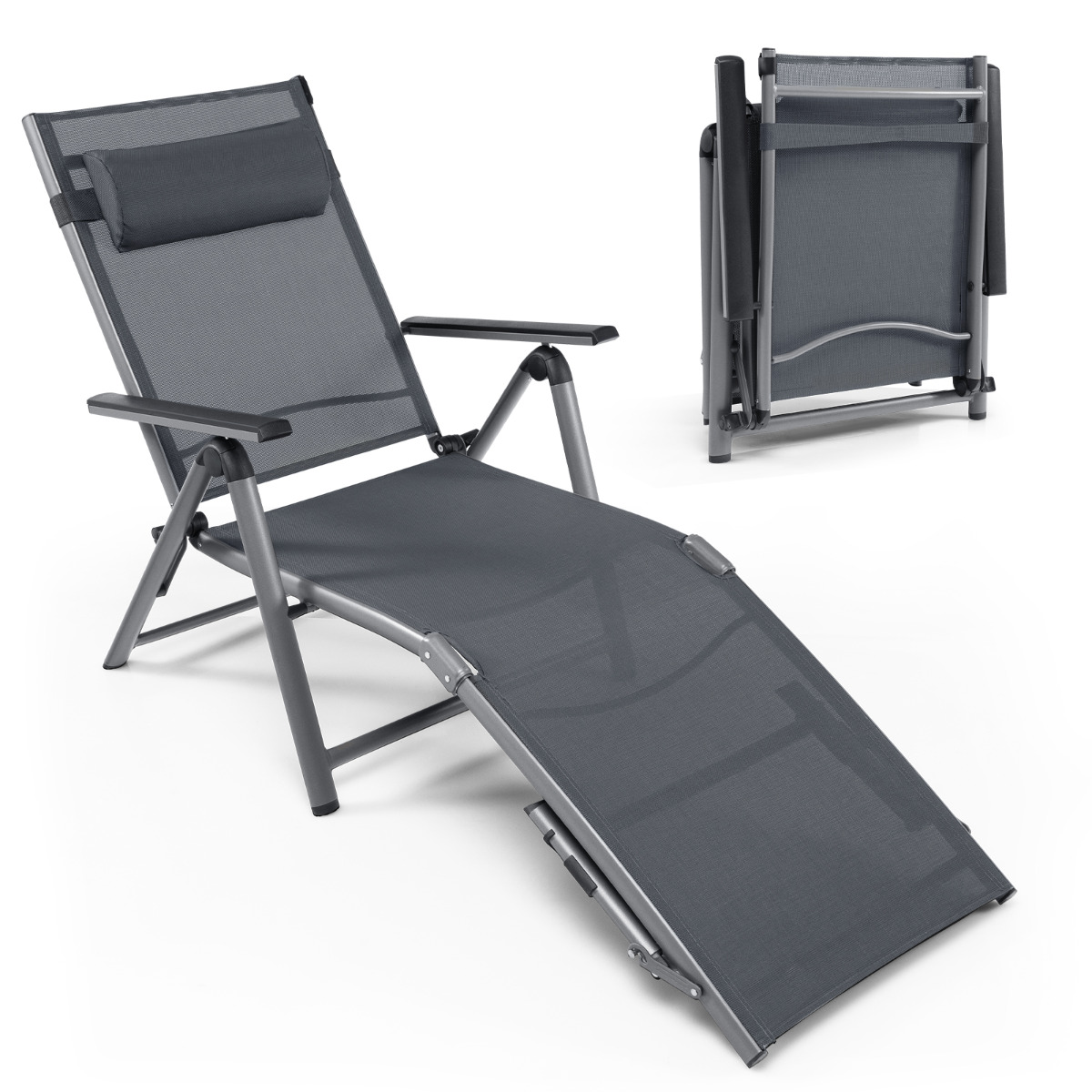 Costway Tumbona de Aluminio Plegable para Exteriores Silla Reclinable de Patio Respaldo Ajustables Tejido de Secado Rápido para Piscina Playa Gris