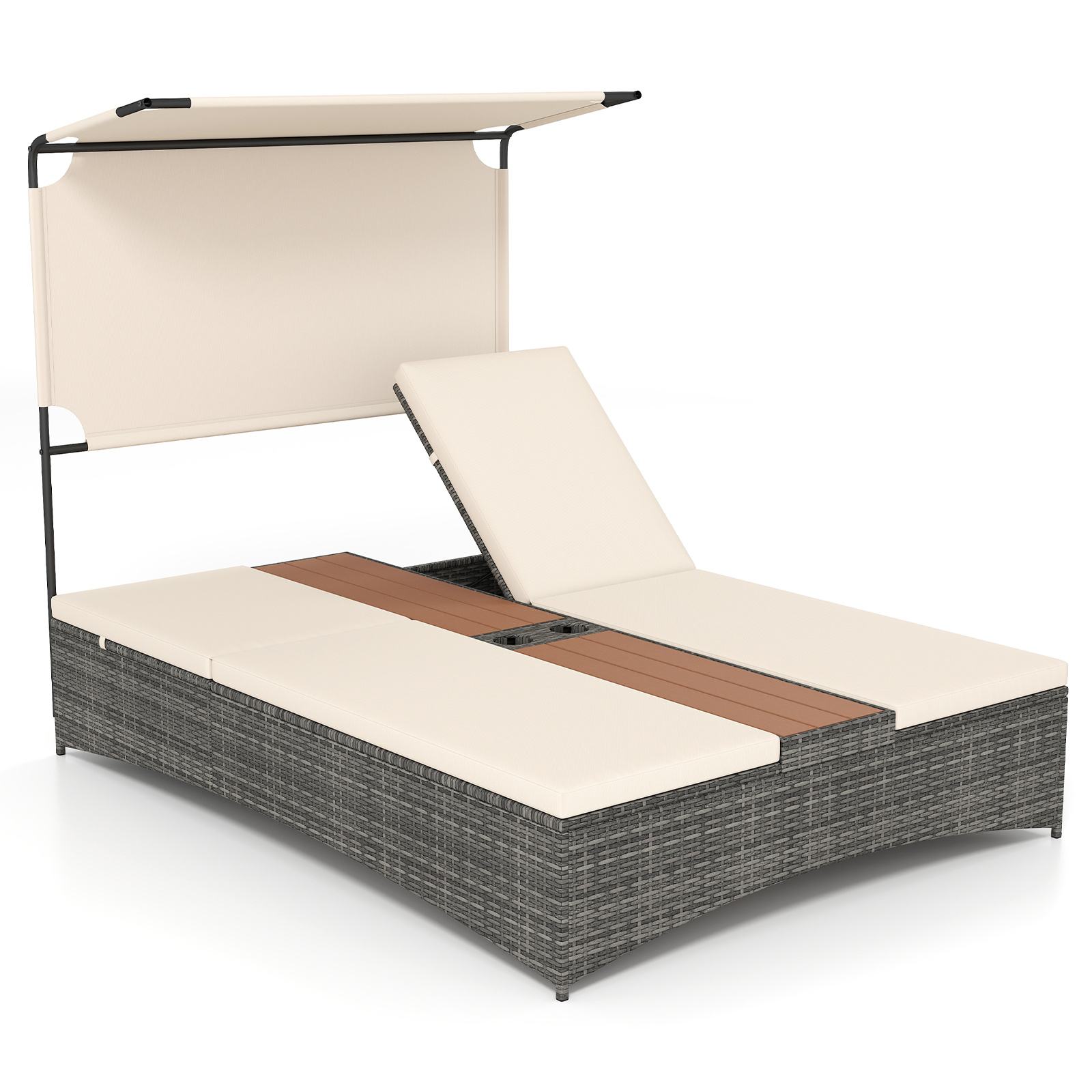 Costway Tumbona Doble de Ratán PE con Toldo Mesa Integrada Portavasos Respaldo Ajustable 6 Niveles para Terraza Piscina 203 x 147 x 164 cm
