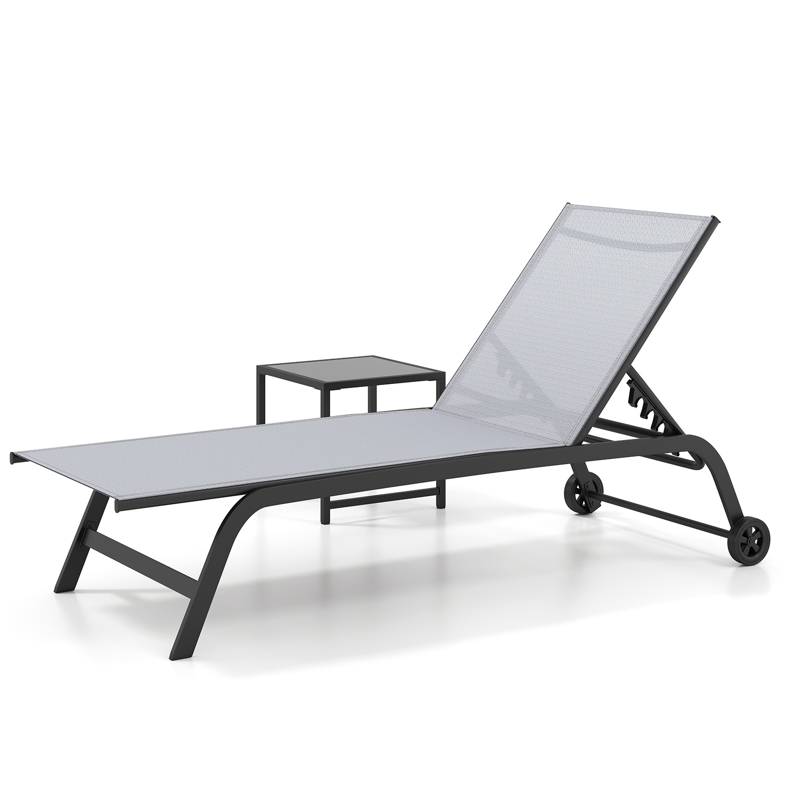 Costway Tumbona Exterior con Mesa Auxiliar Respaldo Multinivel Tela Transpirable Ligera para Exteriores Juego de 2 Piezas Gris