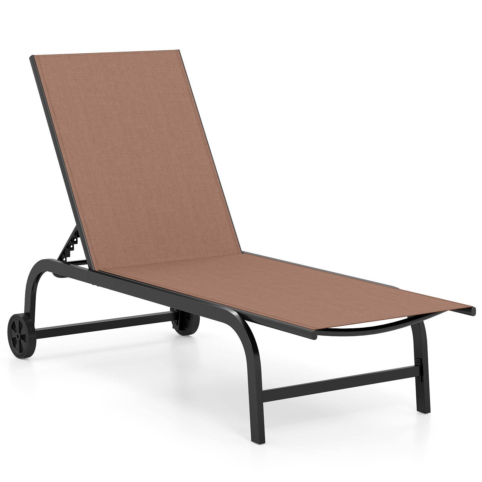 Costway Tumbona Exterior Individual con Respaldo Ajustable en Cinco Niveles y Ruedas Deslizantes Estructura Metálica Resistente 169 x 69 cm Café