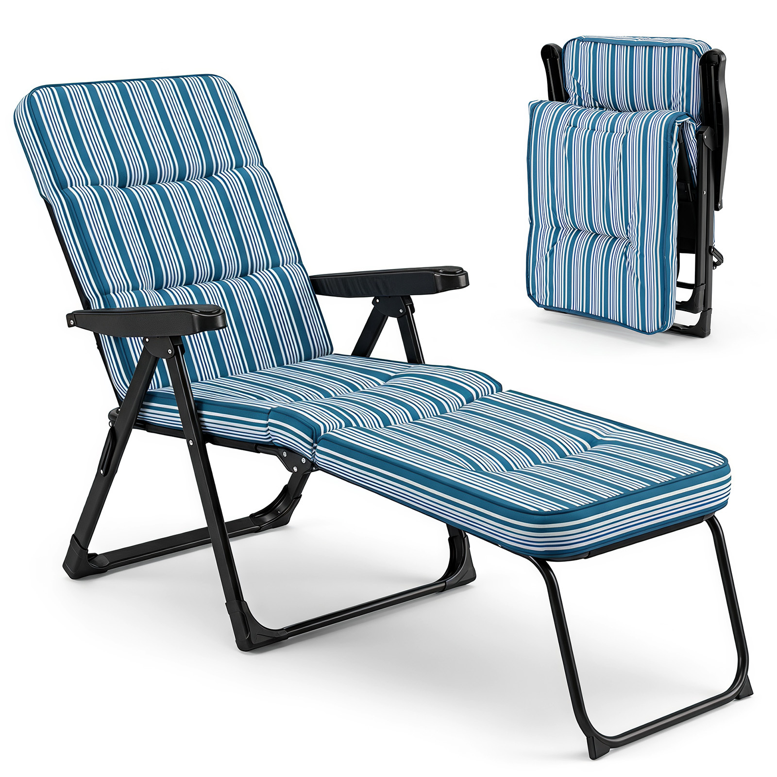 Costway Tumbona Plegable con Asiento Acolchado Respaldo 4 Niveles Reposapiés 2 Niveles Marco Metal Carga 150kg Balcón Terraza Patio Azul y Blanco