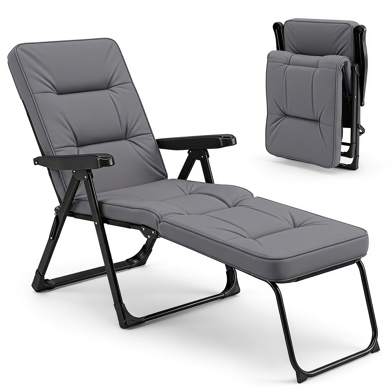 Costway Tumbona Plegable con Asiento Acolchado Respaldo 4 Niveles Reposapiés 2 Niveles Marco Metal Carga 150kg para Balcón Terraza Patio Gris