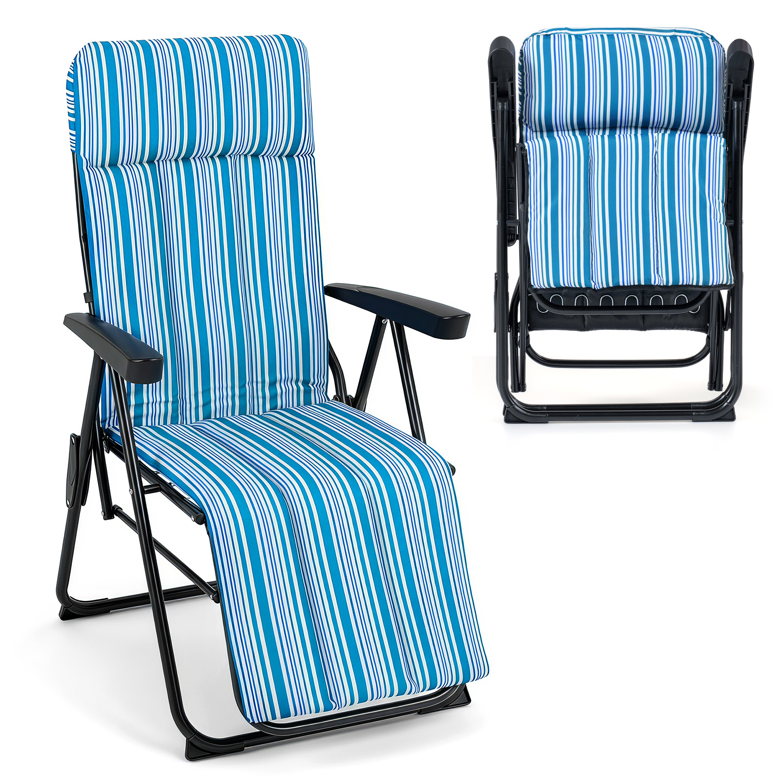Costway Tumbona Plegable con Respaldo 6 Posiciones Cojín Acolchado y Apoyabrazos para Patio Terraza Piscina Camping Carga 150kg Azul y Blanco