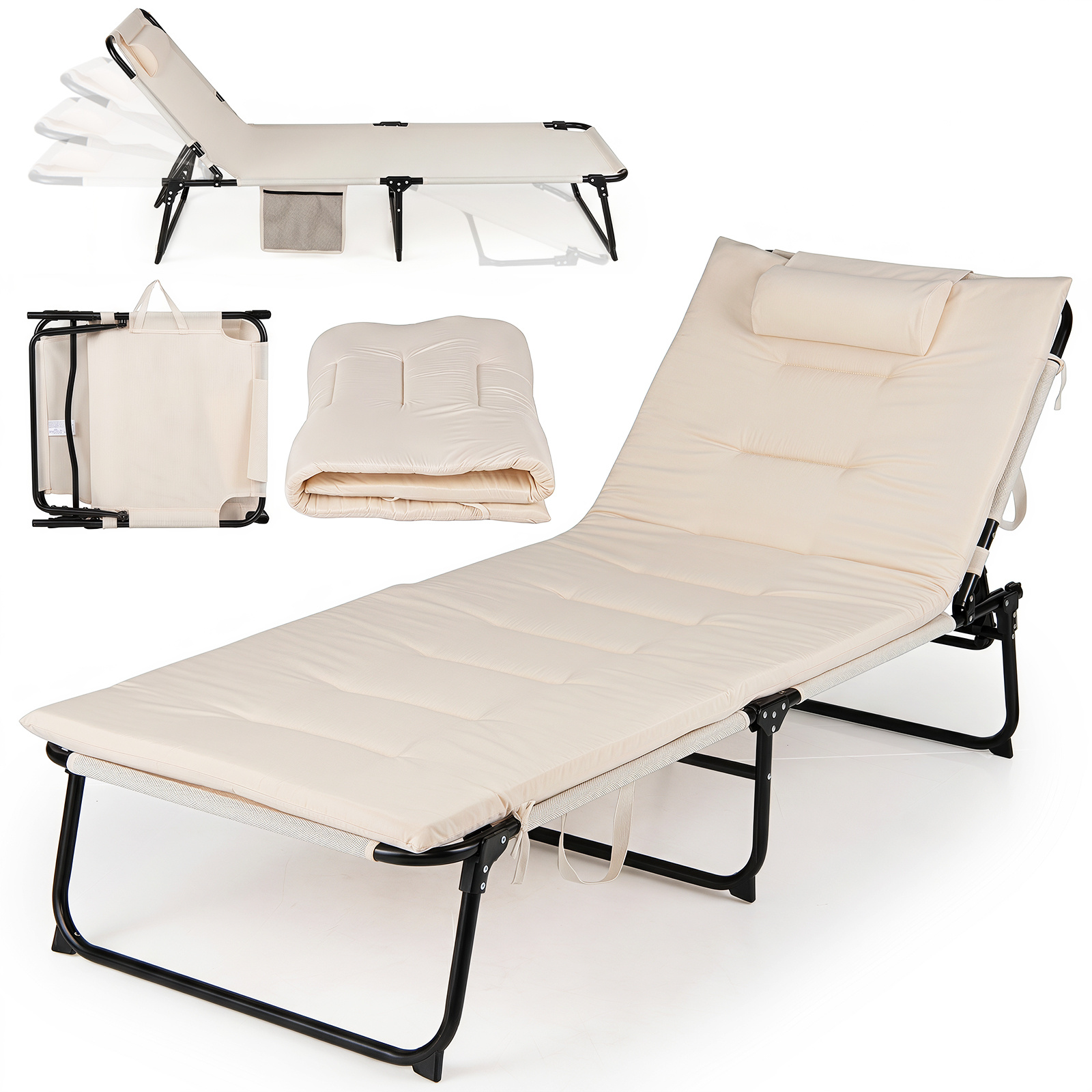 Costway Tumbona Plegable con Respaldo Ajustable 4 Posiciones Cojín Desmontable Marco Metal Bolsillo Almacenaje Carga 120kg para Camping Playa Beige
