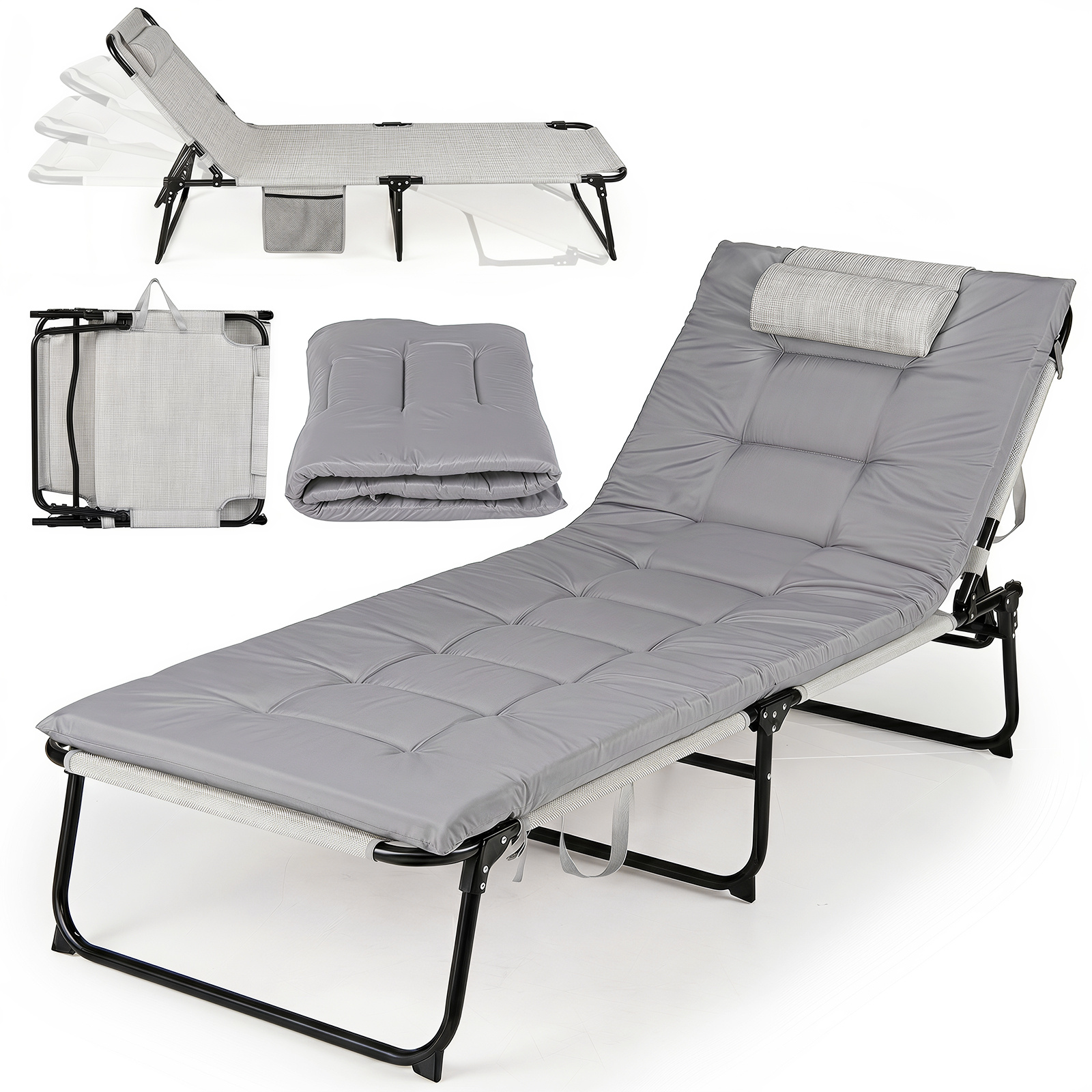 Costway Tumbona Plegable con Respaldo Ajustable 4 Posiciones Cojín Desmontable Marco Metal Bolsillo Almacenaje Carga 120kg para Camping Playa Gris