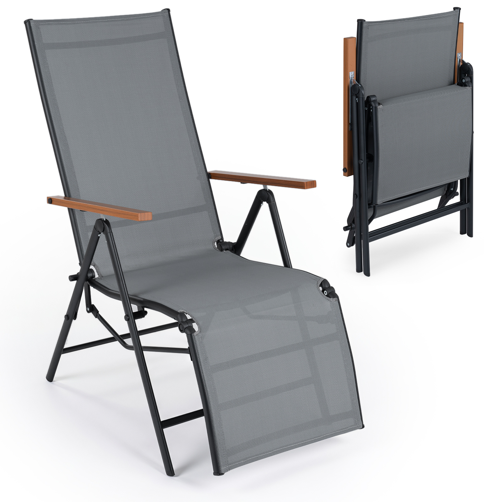 Costway Tumbona Plegable con Respaldo Ajustable 5 Posiciones Reposabrazos Tejido Transpirable para Balcón Jardín Piscina Carga 150kg Gris