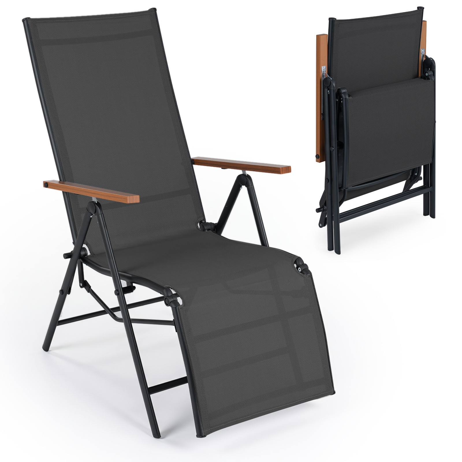 Costway Tumbona Plegable con Respaldo Ajustable 5 Posiciones Reposabrazos Tejido Transpirable para Balcón Jardín Piscina Carga 150kg Negro