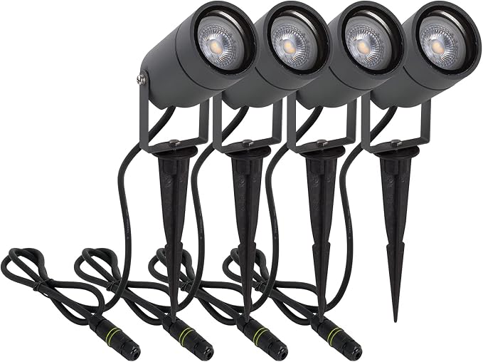 DAWALIGHT Foco Proyector Exterior 4 Piezas, GU10 5W Luces LED Exterior Jardin Suelo con Estaca Blanco Cálido IP65 Impermeable Lámpara para Camino Césped Patio, Aluminio, Gris oscuro