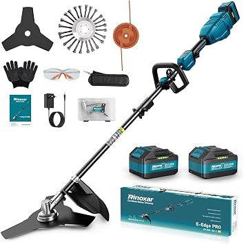 Desbrozadora a Batería Brushless, Cortabordes Electrica 26 cm con Motor Delantero, 2 x 5200mAh, 8000/12000 RPM, 3 Cuchillas, Barra Ajustable y Empuñadura en D, para Césped, Bordes y Jardín