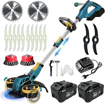 Desbrozadora Bateria 21V, Cortabordes Bateria Brushless con 2 Baterías 4,0Ah, Cepillo de Malas Hierbas, Desbrozadora Electrica 4 En 1 con Ruedas, Cortacesped Electrico Telescópico, Azul