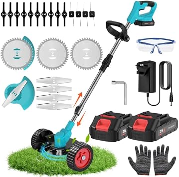 Desbrozadora Batería 21V, Desbrozadora Eléctrica, Equipado con 2 Baterías de 2.0Ah, 4 Cuchillas de Alta Eficiencia y Mango Ajustable, para Uso en Hogar, Patio y Jardín