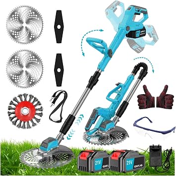 Desbrozadora Bateria Electrica Recortadora de Cortabordes Bateria 21V 3 Tipos de Cuchillas, Mango Tubo Ajustables, CortacéSped InaláMbrica para CéSpedes/Jardi Anchura de Corte: 25 cm (Azul)