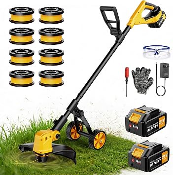Desbrozadora con Batería de 14 Pulgadas con Ruedas, 20.000 RPM, 2 Baterías de 3000 mAh, Desbrozadora 4 en 1 con Motor sin Escobillas de 800 W, con 8 Bobinas de Repuesto, para Jardín y Patios