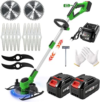 Desbrozadora Electrica, 21V Desbrozadora Batería, Cortabordes Bateria con 2 Baterías, Multifunción Cortacesped Eléctrico, Telescópico, Cabezal Pivotante 90° para Césped Jardín Poda, Verde