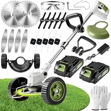Desbrozadora Eléctrica de Batería 21V - Cortabordes Batería 4Ah con 4 Tipos de Cuchillas, Mango Telescópico Ajustable para Jardín, Césped y Bordes, Potente y Ligera (Beige)