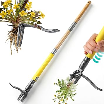 Desherbador Manual Extractor de Malas Hierbas, Herramienta de Deshierbe de Pie 109 cm con Mango Largo y Sistema de Expulsión, Extractor de Raíces 4 Garras, Regalo Jardín