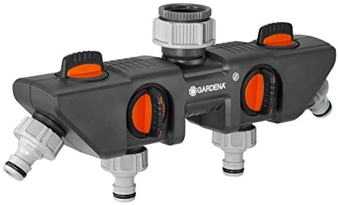 Distribuidor de 4 vías Gardena: para conectar hasta 4 equipos al grifo, apto para los programadores y temporizadores de riego Gardena, el flujo de agua se puede regular y cerrar (8194-20)