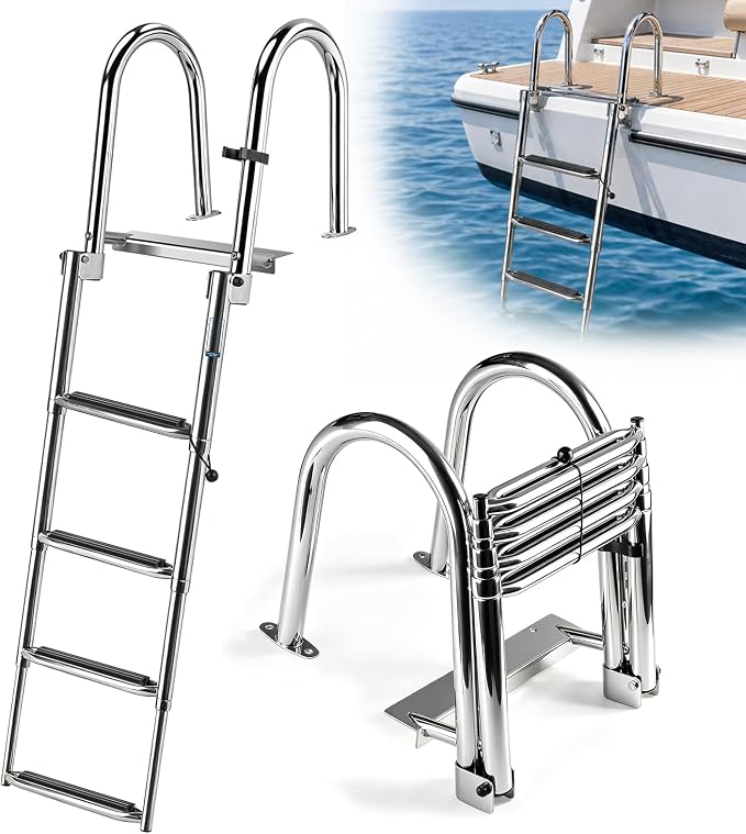 Escalera para Piscina Extensible de Altura de 4 Peldaños 151cm en Acero Inoxidable, Capacidad 200 kg, Escalera de Barco Plegable y Telescópica con Pasamanos, para Piscina, Yate, Pontón, 151 * 37.5 cm