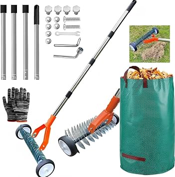 Escarificador Manual con Ruedas de 163 cm, Aireador de Césped con Ruedas, Rastrillo de Corte de Metal con Bolsa para residuos de jardín, Desmontable, Rastrillo de Escarificación Ajustable