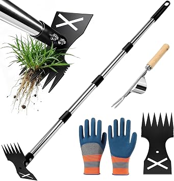 Extractora de Malas Hierbas con Mango Largo de 148 cm,Rastrillo de Azadas de Jardín 2 en 1 con Rastrillo y Azada, para Patio, Césped, Terraza, Jardín