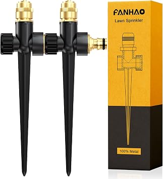 FANHAO Aspersor de Metal para césped, Paquete de 2 aspersores automáticos de Agua de jardín en Base de Pico, Boquilla de rociador de latón Ajustable de 360 Grados, Cobertura de área Grande para