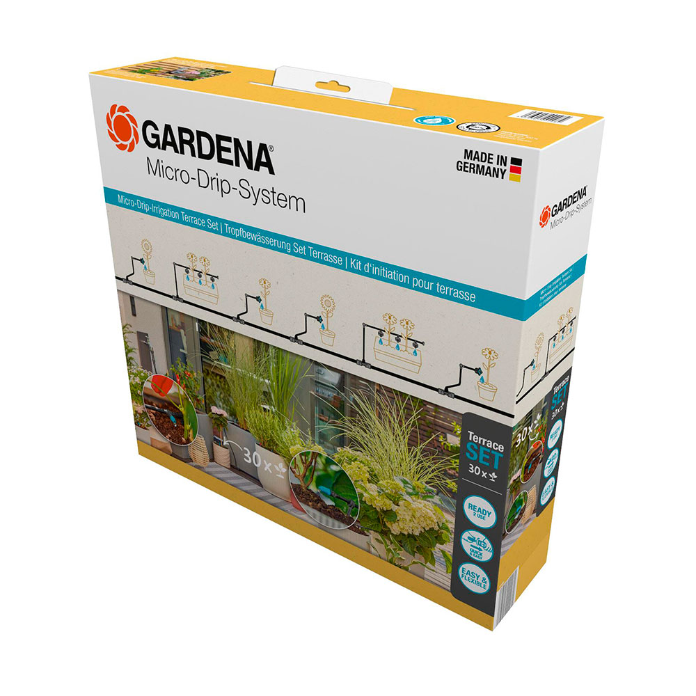 Gardena Sistema Micro-Drip Set de riego por Goteo para terraza (30 Plantas): Set de Inicio, de instalación inmediata, Sistema de riego eficiente, técnica de conexión fácil & Flexible (13400-20)