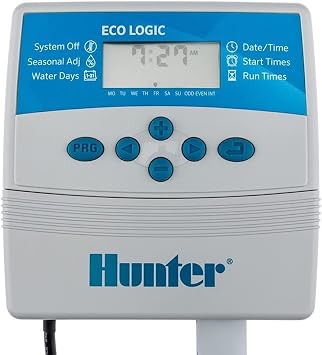GNCGarden Programador de riego eléctrico Eco Logic 4 Estaciones Interior Hunter - Hunter ELC-401I-E - Hunter Eco-Logic Programador de Interior - Temporizador para riego 24V