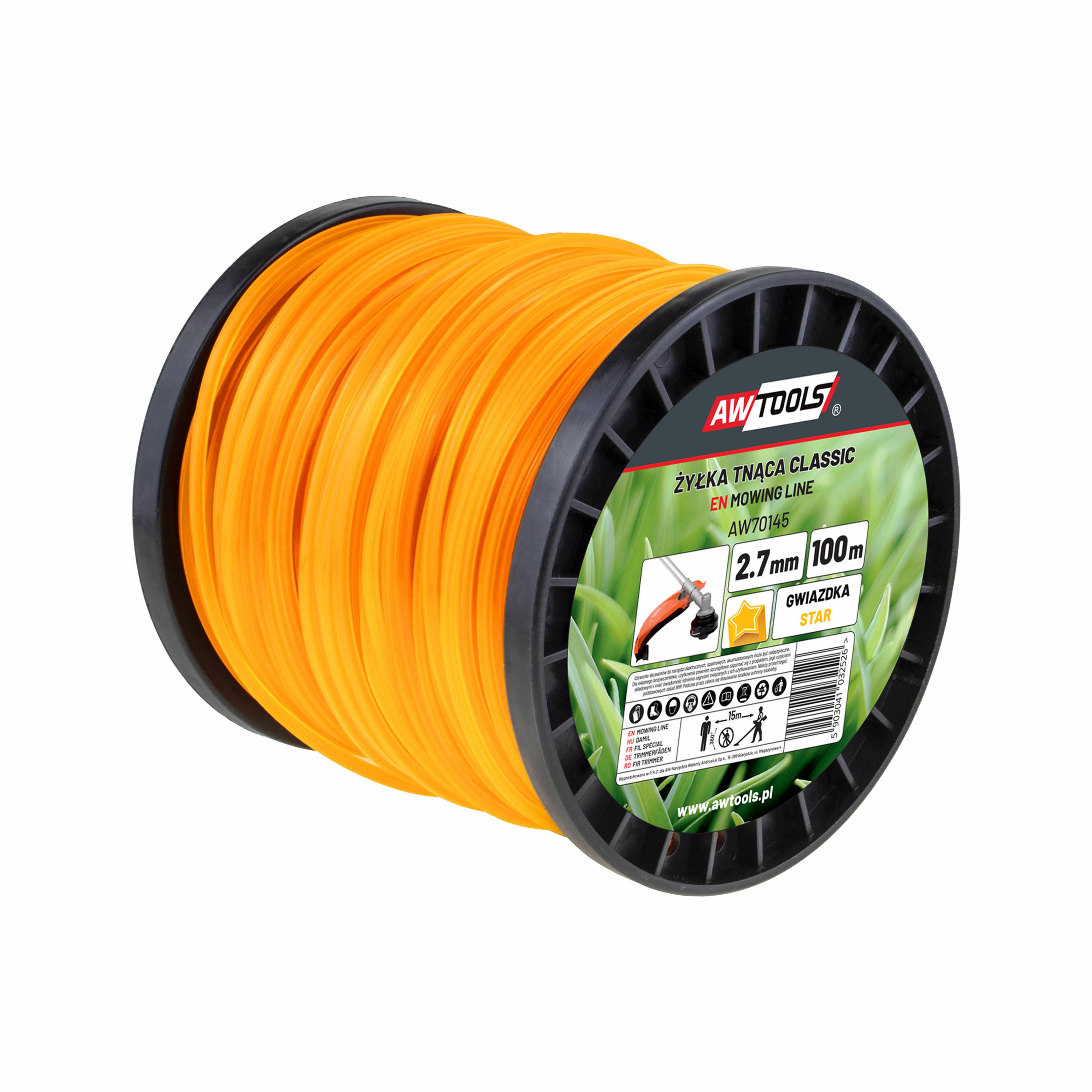Hilo cortador Awtools, modelo Classic 2,4x100m, tipo estrella, ideal para desbrozadoras, corte eficiente de césped, material duradero, fácil de usar, alto rendimiento y resistencia.
