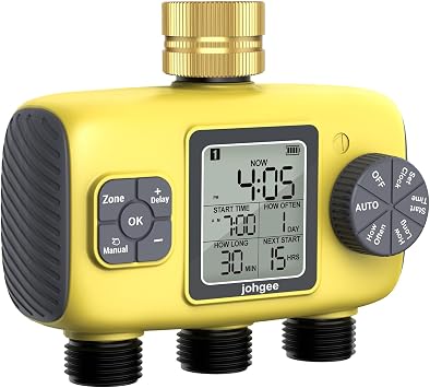 Johgee Programador Riego 3 Salidas con Entrada de latón, 3 programas de riego de Zonas Temporizador de riego de jardín, Temporizador de riego automático Modo retardado por Lluvia/Manual/automático