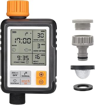 Johgee Temporizador de Riego Automatico Jardín, El Acoplamiento de Grifo de Agua ½ y ¾ Son Aplicables, Programa de Memoria Permanente, Programador de Riego Automático con Pantalla 3 ” LCD