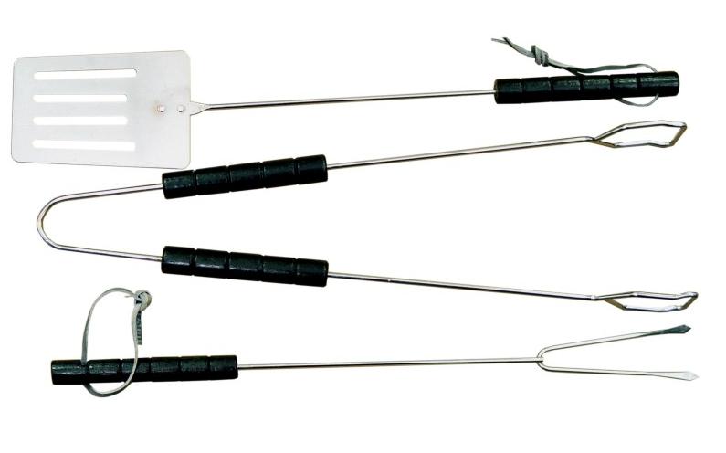 Juego de 3 cubiertos para barbacoa Master Grill MG101, utensilios de alta calidad, espátula, pinzas y tenedor para carne, mango de madera, acero cromado