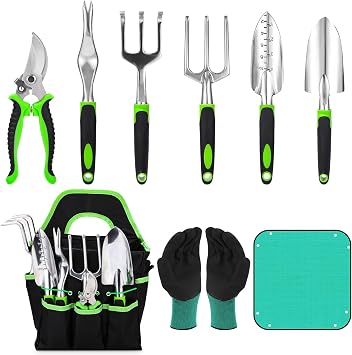Juego de Herramientas de Jardín 9 Piezas Juego De Jardinería De Acero Inoxidable con Bolsa De Almacenamiento, Rastrillos, Trasplante, Guantes, Kit De Jardinería para Hombre Y Mujer