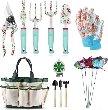 Juego de Herramientas de Jardinería 16 Pcs,Kits de Regalo de Herramientas Manuales de Jardín FloralRegalos de Jardinería para Mujeres y Hombres, con Tijeras de Podar y Bolsa de Almacenamiento