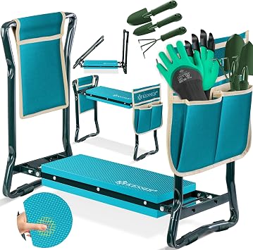 KESSER® 2 en 1 XXL - Banco para Rodillas para Trabajos de jardín, Acolchado de Espuma EVA, Plegable, Incluye 2 Bolsas de Herramientas, 60 x 50 x 27 cm, hasta 150 kg, Azul/Beige