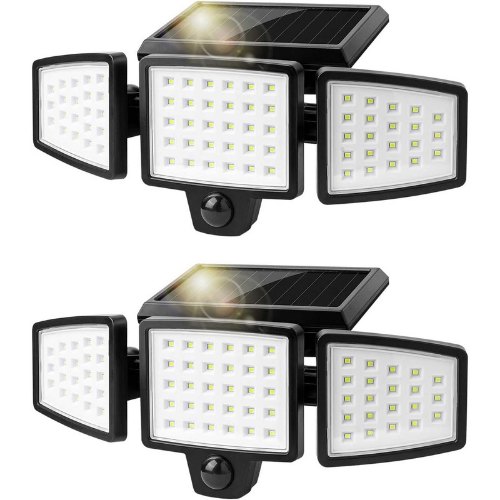 LE Luz Solar Exterior con Sensor de Movimiento, 1200 Lúmenes Foco Solar Exterior 6500K, Accesorio de Luz Solar de Seguridad Impermeable IP65 con 3 Cabezales Ángulo de 270° para Jardin Garaje Patio