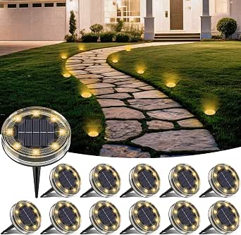 LOTMOS 12 Paquetes Luces Solares LED Exterior Jardin Suelo, 8 LED Impermeable Luz Solar Exterior Jardín, Lamparas Solares Suelo Camino, Terraza, Patio, Césped, Blanco Cálido