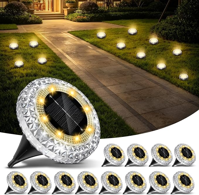 Macchiatto Pack de 12 Luces Solares de Suelo para Exterior, Luces Solares Jardín Blanco Cálido, 8 LED, IP65 Impermeables, Iluminación Solar para Césped, Caminos, Entrada y Terraza