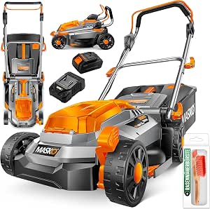 MASKO® Cortacésped con función de mantillo, Incluye Batería de Ion de Litio de 4 Ah y Cargador Doble, Ancho de Corte de 33 cm, 5 Posiciones de 25 a 75 mm, Altura Regulable, 30L hasta 150m²