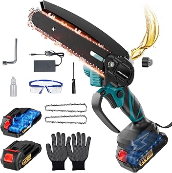 Mini Motosierra Bateria 2 x 4000mAh, Motosierra Eléctrica de 6 Pulgadas con Engrasador Automático y 2 Baterías de Gran Capacidad, Sierra Eléctrica para Cortar Madera y Podar Árboles