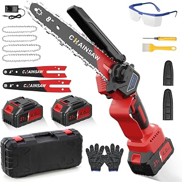 Mini Motosierra Bateria 6 y 8 Pulgadas, 8000mAh Motosierra Eléctrica, 1300W Motor Sin Escobillas Motosierras de Mano, Minimotosierras de Batería para Jardinería, Compatible con las Baterías de Makita