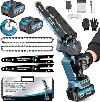 Mini Motosierra Bateria, 8000mAh Sierra Eléctrica Bateria Motor sin Escobillas 8 Pulgadas, con El Aceite y 2 Baterías, Motosierra Inalámbrica Portátil para Podar, Árboles (1200W)