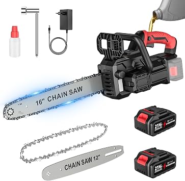 Motosierra Bateria 12+16 Pulgadas, Motosierra Eléctrica con 2 x 4.0Ah Baterías, 1050W Motor Brushless, Pantalla LCD, Lubrificación Automática, Tensado de Cadena sin Herramientas y Parada