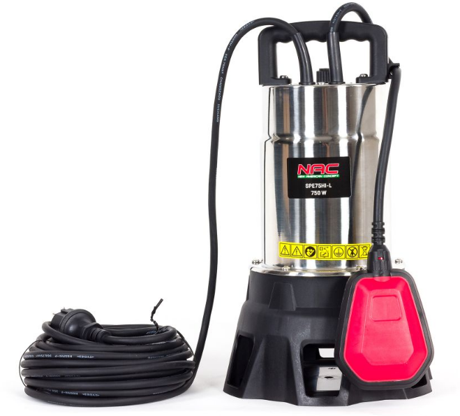 Nac SPE75HI-L, Bomba de agua sucia 750W, capacidad de 15,000 l/h, alta eficiencia para drenaje de aguas residuales en proyectos industriales y de jardinería.