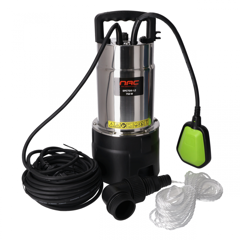 Nac SPE75HI-L2, Bomba de agua sucia 750W, alta eficiencia para drenaje de aguas residuales, capacidad confiable para proyectos industriales y de jardinería.