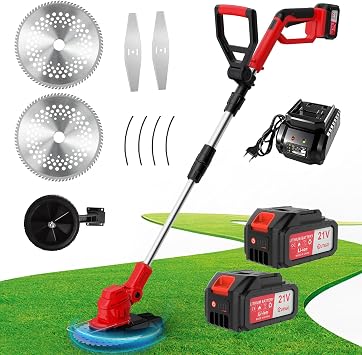 OUTIGO Cortacésped inalámbrico, Desbrozadora Bateria, batería de 2× 21V 4Ah, Cortabordes electrico 3 en 1, Mango telescópico Plegable, desbrozadora de jardín a batería