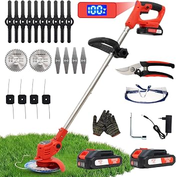 OUTIGO Desbrozadora a batería, desbrozadora eléctrica a batería, Equipada con 2 baterías y 4 Cuchillas, cortacésped Plegable de 800 W, Adecuado para Cortar el césped de Jardines y arbustos
