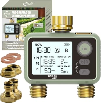 Programador de Riego Premium. Conectores de Latón, 2 Salidas de Agua, Sensor de Lluvia, Temporizador de Bajo Consumo a Pilas, 6 Programas Independientes, Fácil e Intuitivo.