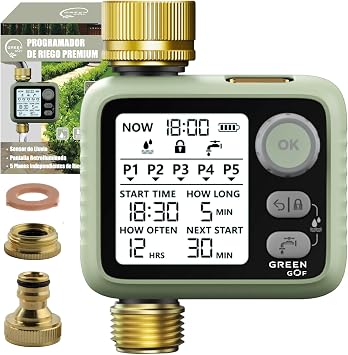 Programador de Riego Premium. Conectores de Latón, Sensor de Lluvia, Pantalla Retroiluminada, Temporizador de Bajo Consumo a Pilas, 5 Programas Independientes, Fácil e Intuitivo.